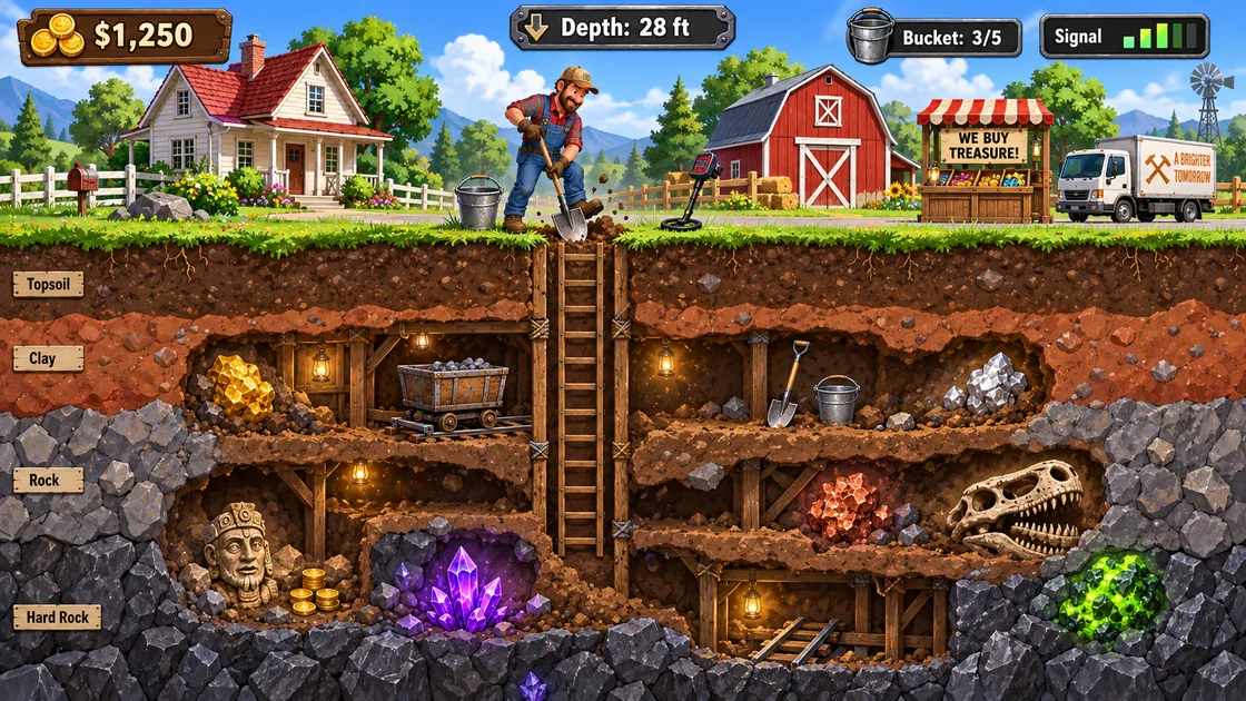 Treasure Dig: a cutaway of a farm with a boy digging a shaft down through soil, clay and rock, a ladder behind him and a gold coin glinting in the dirt.