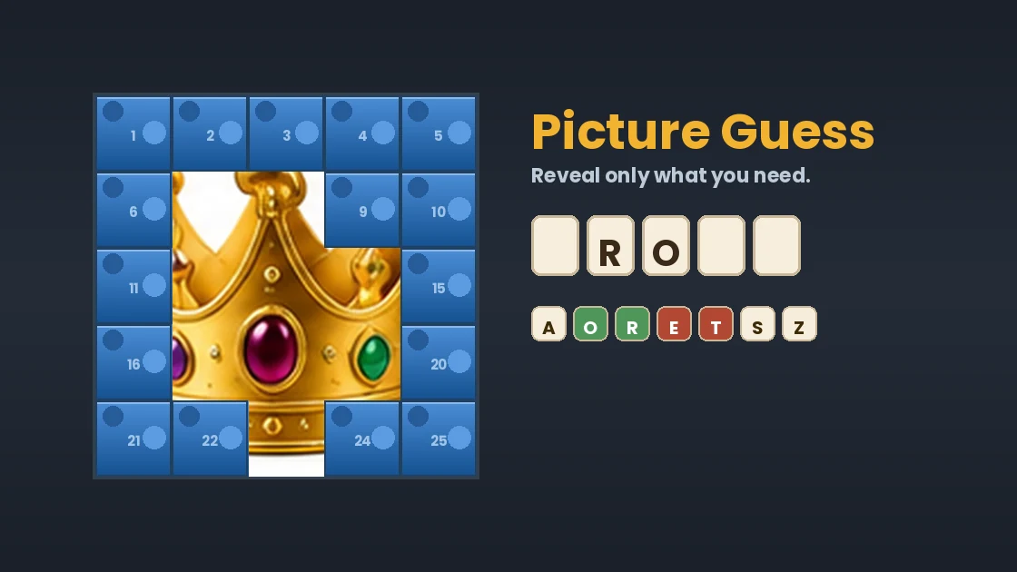 Picture Guess: a picture hidden under twenty-five puzzle pieces, a few of them turned over, with letter boxes beside it.