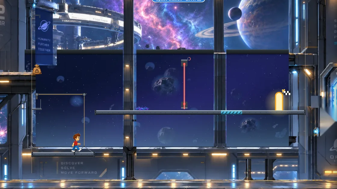 Jack on Track: Jack walks along a deck inside a space station while a laser blocks the way ahead.