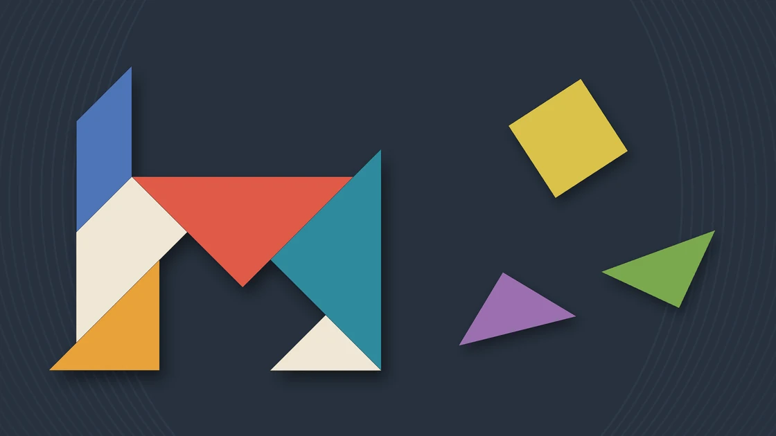 Tangram: a dog built from coloured tangram pieces, with a yellow square and two small triangles still waiting beside it.