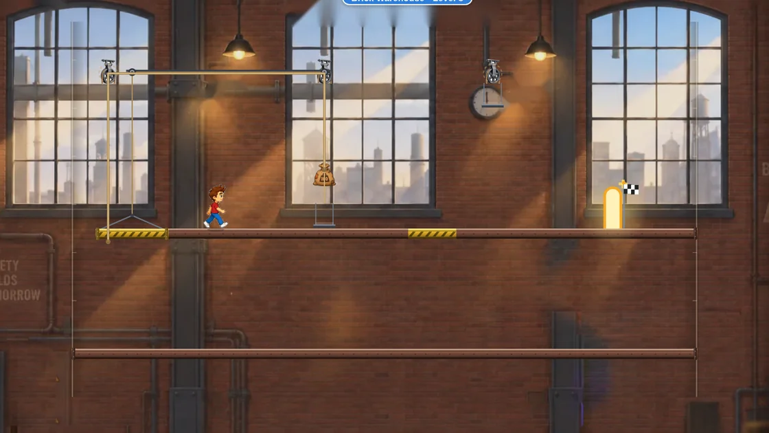 Jack on Track: a rope runs over two pulleys from a weight tray to a freight platform.