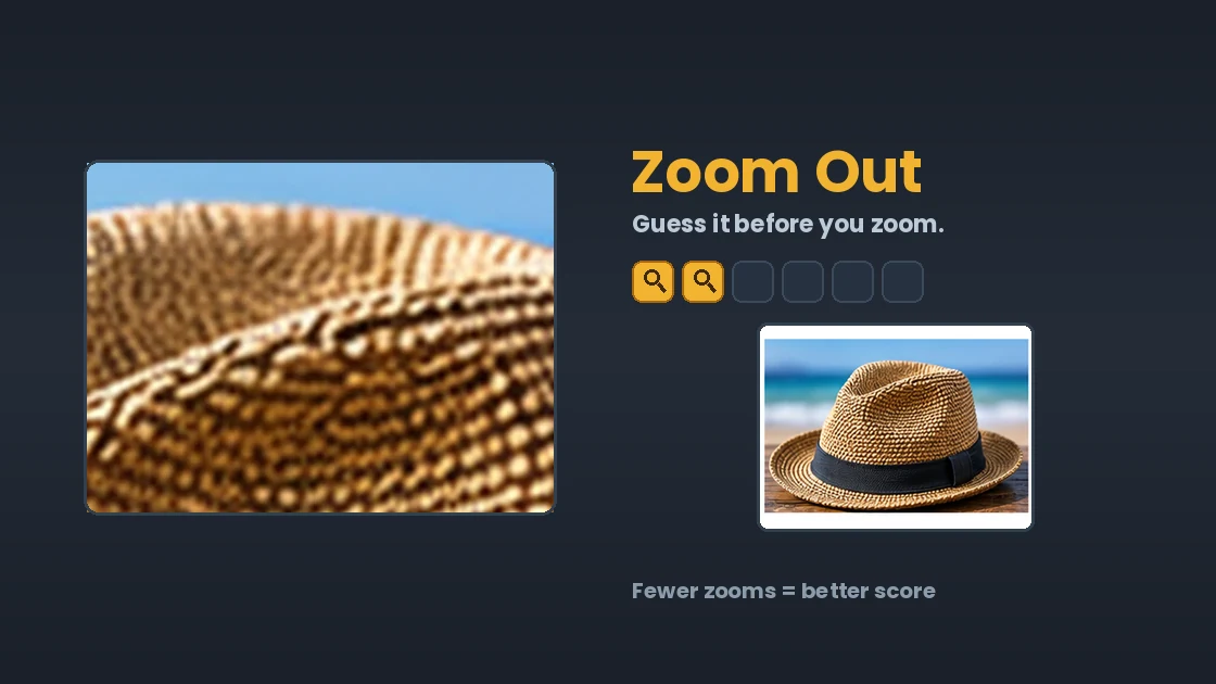 Zoom Out: an extreme close-up of woven straw beside the whole picture, a straw hat.